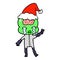 comic book style illustration of a big brain alien crying and giving peace sign wearing santa hat