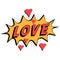 Comic book word love with hearts pop art style with halftone background, vector Comic speech bubble with expression text love