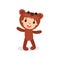 Comic boy or girl character in plush brown bear costume. Child wearing animal carnival jumpsuit. Flat vector design for