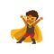 Comic brave black kid in superhero colorful Halloween costume with mask and developing in the wind yellow cape, posing