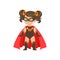 Comic brave girl kid in superhero black costume with star, mask and developing in the wind red cloak, standing on legs