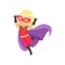 Comic brave girl kid in superhero red costume with a mask on her face and developing in the wind purple cloak, jumping