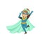 Comic brave kid standing on one leg and waving her hand. Dressed in superhero costume. Vector cartoon flat super girl