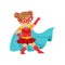 Comic brave kid in superhero red costume with mask on face and developing in the wind blue cloak, posing and waving her