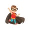 Comic brave kid with trendy haircut in colorful superhero costume. Children s game. Vector cartoon flat super boy