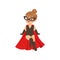 Comic brave super girl kid flying in superhero black costume, mask and red cloak. Vector flat girl character in