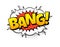 Comic bubble bang text. Cartoon sound speech effect, red and yellow colors. Comics balloon halftone dot background. Pop