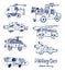 Comic cartoons of military cars. Vector set.