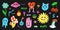 Comic characters. Psychedelic 80s objects with faces, bright emoji, hand drawn text, flowers with eyes, heart, hippy sign, poison