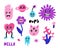 Comic characters. Psychedelic 80s objects with faces, bright emoji, hand drawn text, flowers with eyes, heart, hippy sign, poison