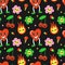 Comic characters seamless pattern. Psychedelic 80s objects with faces, bright emoji, hand drawn flowers with eyes, cartoon heart