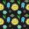 Comic characters seamless pattern. Psychedelic 80s objects with faces, bright emoji, hand drawn flowers with eyes, hippy sign