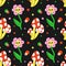 Comic characters seamless pattern. Psychedelic 80s objects with faces, bright floral emoji, hand drawn flowers with eyes, cartoon