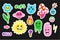 Comic characters sticker. Psychedelic 80s objects with faces, bright emoji, hand drawn text, flowers with eyes, heart, hippy sign