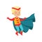 Comic cute blond kid in colorful superhero costume with red headband and developing cloak, jumping with hands up. Vector