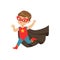 Comic cute brave kid in superhero costume running with hands up. Child with extraordinary abilities. Vector cartoon