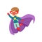 Comic cute flying kid in colorful superhero costume with star on the chest, mask and developing in the wind purple cloak