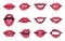 Comic female red lips set. Women mouth with lipstick in vintage comic style. Rop art retro illustration