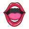 Comic female red lips sticker. Women mouth with lipstick in vintage comic style. Rop art retro illustration