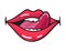 Comic female red lips sticker. Women mouth with lipstick in vintage comic style. Rop art retro illustration