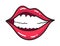 Comic female red lips sticker. Women mouth with lipstick in vintage comic style. Smile pop art retro illustration