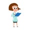 Comic female, woman doctor character with bob haircut holding clipboard