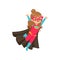 Comic happy flying kid in colorful superhero costume with star. Vector cartoon flat super girl character in Halloween