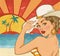 Comic illustration of girl on the beach. Pop Art girl. Party invitation. Hollywood movie star.Vintage advertising poster.