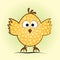 Comic little chicken in an egg shape. Funny chick with a flower