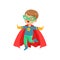 Comic little kid in colorful superhero costume jumping with hands up. Halloween costume. Vector flat super boy character