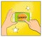 Comic phone with halftone shadows and Hamburger. Hand holding smartphone with buy online internet shopping. Fast food background.