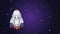 Comic rocket in purple starry space background in 4k video.