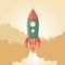 Comic Rocket Ship / Illustration of a cartoon retro iron spaceship blasting off and flying