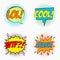 Comic speech bubbles with emotions - LOL. COOL. WTF. And CRASH. Cartoon sketch of dialog effects in pop art style on dots halftone
