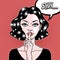 Comic style beautiful young woman holding a finger to her mouth, secret, whisper, psst, pop art, vector illustration