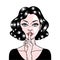 Comic style beautiful young woman holding a finger to her mouth, secret, whisper, psst, pop art, vector illustration