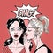 Comic style beautiful young women gossiping, surprised expression, secret, omg, wow, pop art, vector illustration
