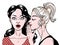 Comic style beautiful young women gossiping, surprised expression, secret, omg, wow, pop art, vector illustration