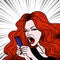 Comic style girl angry at her phone message and swearing, beautiful young redhead woman, pop art, vector illustration