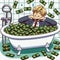 Comic-Style Illustration of Man Bathing in a Tub of Dollar Bills, generative ai
