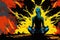 Comic Style Woman in Yoga Lotus Pose with Flames and Lightnings: Connecting to Meditative Space on Colorful Pop Art Background,