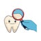 Comic tooth with dentist and magnifying glass