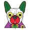 Comic Villain symbol in colorful joker costume with as a French bulldog character