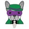 Comic Villain symbol in green suite with gray tie, purple mask and green and purple hat as a French bulldog character