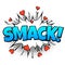 Comic word smack. Vintage cartoon pop vintage speech bubble with halftone dotted shadow and hearts. Sound effect in blue