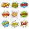 Comic words. Cartoon speech bubble with zap pow wtf boom text. Comics pop art balloons vector set