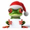 comical 3d illustration of cute happy red eyed tree frog at christmas with a copy space sign