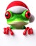 comical 3d illustration of cute happy red eyed tree frog at christmas with a copy space sign