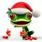 comical 3d illustration of cute happy red eyed tree frog at christmas with a copy space sign
