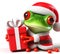 comical 3d image of a cute happy red eyed tree frog at christmas